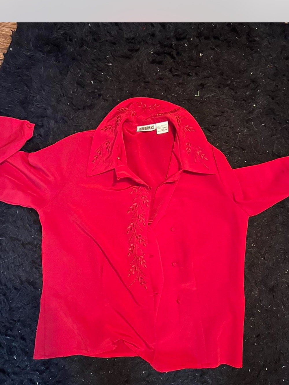Sherri Hill Red Embroidered Button-Up Blouse